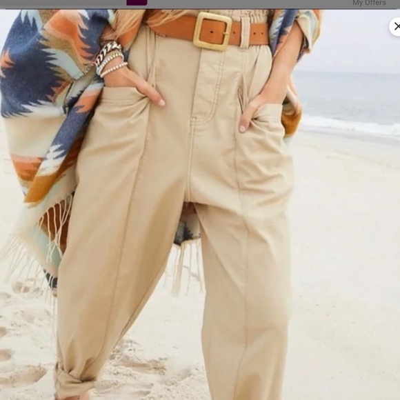 FREE PEOPLE Med Ready To Run Cinch Waist Paper Bag Pants Sand Beige Drop Crotch - Picture 10 of 10